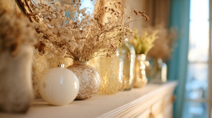 Decorative vases with dried flowers on a mantel in a bright room