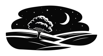 A striking black and white illustration depicts a tree under a crescent moon and starry night sky silhouette © jivect02