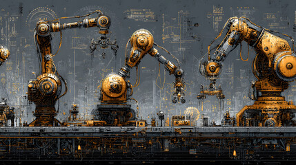 Industrial-themed background with robotic and automation visuals.