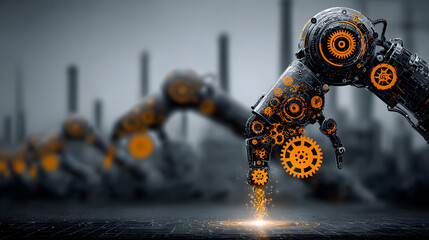 Industrial-themed background with robotic and automation visuals.