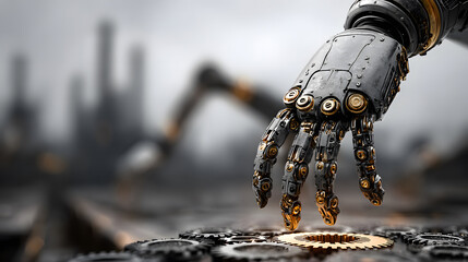 Industrial-themed background with robotic and automation visuals.