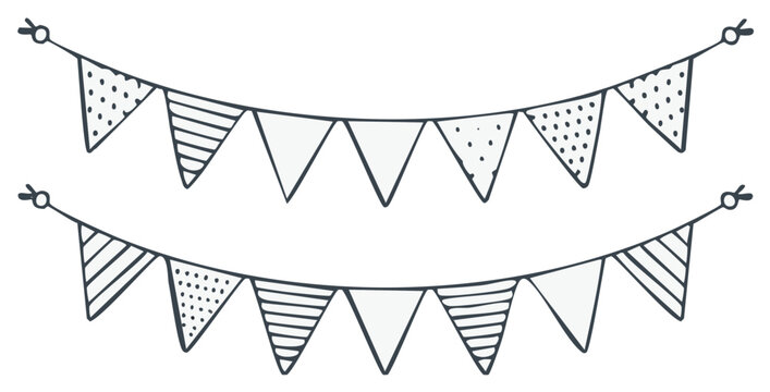 Hand-drawn Triangle Bunting Flags with Patterns and Stripes on a White Background