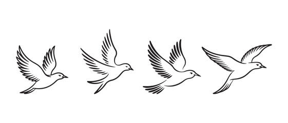 Obraz premium Stylized line art birds flying in sequence, a symbol of freedom, migration, and progress, perfect for design.