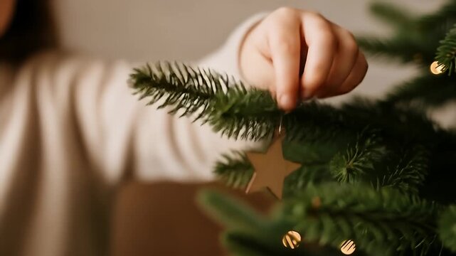 A person decorating a Christmas tree with a star ornament.