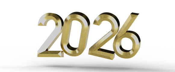 2026 gold numbers isolated on a white background, representing new year concept for design and greetings, 3d render © vegefox.com