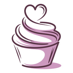 Cute minimalist cupcake with whipped cream and heart topper - sweet food illustration