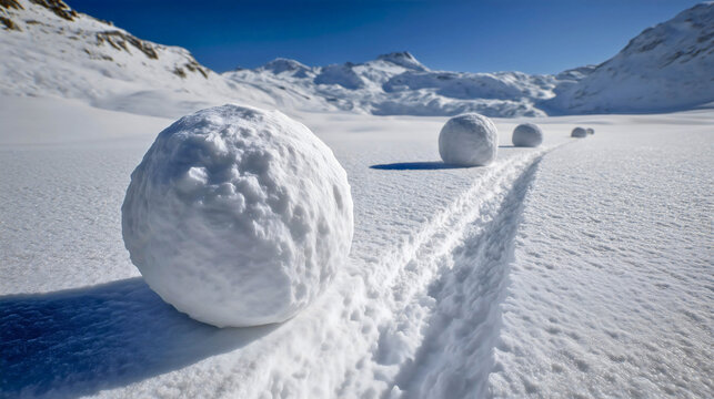 Giant snowball rolling through deep snow leaving a trail, snowball effect concept, majestic winter mountain landscape, clear blue sky, growing momentum.