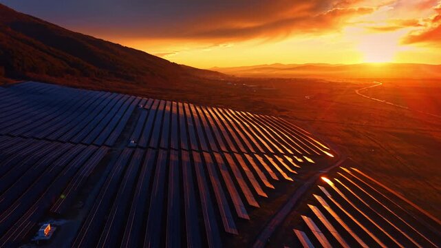 Solar panel array rows under intense golden sunset sun. Aerial view of photovoltaic panels facing setting sun with golden light and long shadows in rural mountain area.