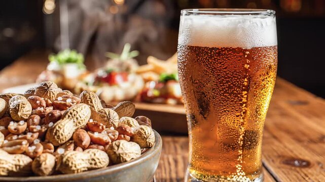 Close up of a beer glass with snacks and appetizers on a wooden tabletop
