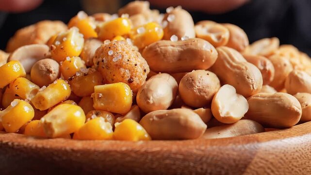 Close up of assorted food items corn kernels peanuts and other ingredients