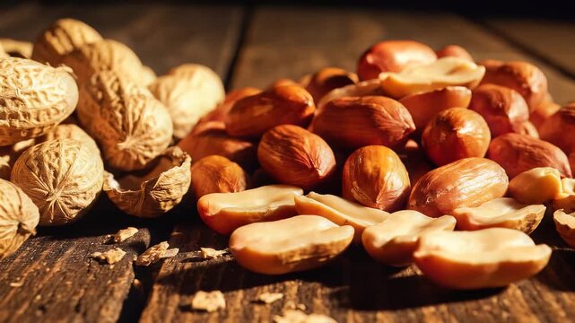 Close up of shelled and unshelled peanuts on a wooden surface