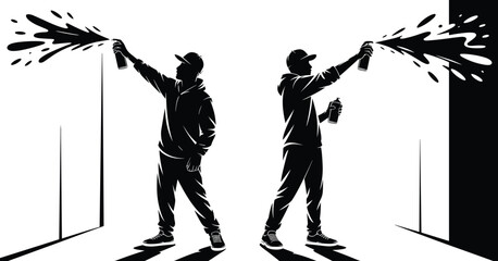 Graffiti artist silhouettes spraying paint, urban street art scene with aerosol can isolated on white background illustration © MstMonowara