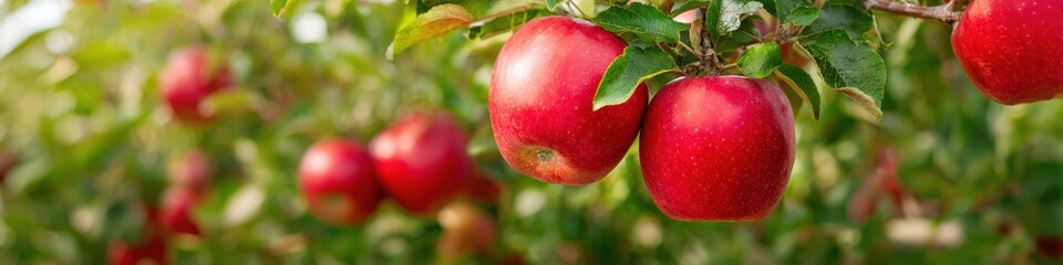 Obraz premium Ripe red apples hanging on a leafy tree branch in a sunlit orchard, organic autumn harvest for fruit farming and agricultural promotion with soft bokeh background