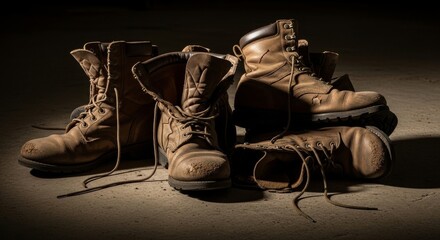Pile of Worn Leather Work Boots