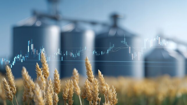 Commodity trading concept with agricultural futures charts and grain storage silos in a modern trading environment, ideal for commodity investment, futures trading, agricultural market, modern