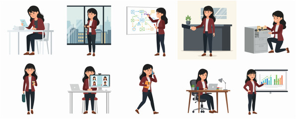 Flat Style Various Business Woman Activity Cartoon Character Illustration Set