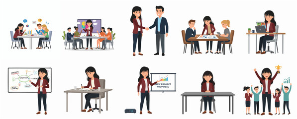 Cute Flat Illustration of Business Meeting, Presentation and Discussion Set