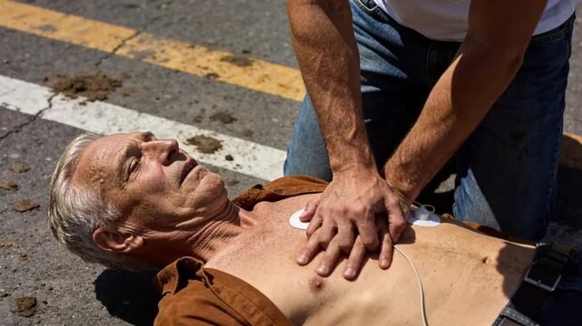 Man performs chest compressions and CPR on elderly man shirt lying on asphalt road, first aid action, emergency scene outdoors, urgent help, rescue attempt.
