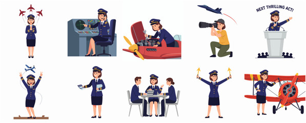 Cute Cartoon Pilot Woman Profession Activity Pose Set Illustration © Haimura
