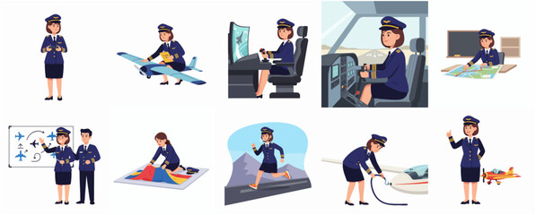 Colorful Flat Illustration Various Activities of Female Airplane Pilot Character © Haimura
