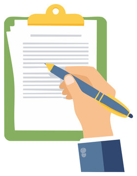 Writing on clipboard form with pen in hand, business or medical report and record keeping