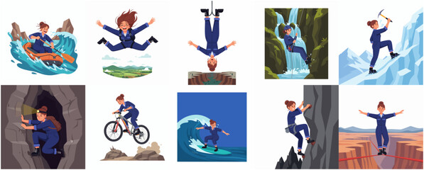 Diverse Flat Illustration of a Businesswoman Engaging in Various Extreme Sport Activities © Haimura