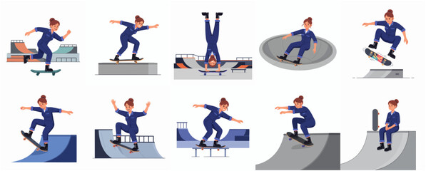 Fototapeta premium Flat Style Diverse Skateboarder Characters Doing Various Stunts in Skatepark Scenes