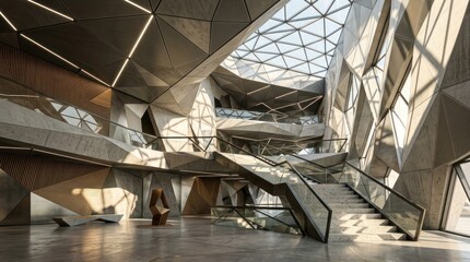 Obraz premium Modern interior atrium with dramatic geometric concrete walls, glass railings, grand staircase under skylight, for futuristic architecture, innovation, contemporary design
