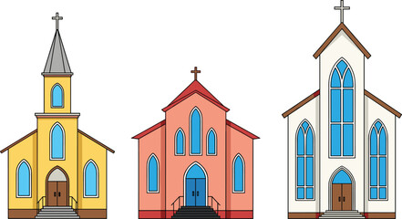 Set of Christian Church Buildings with Cross Towers and Colorful Facades Religious Architecture Vector Illustration Isolated on Light Background