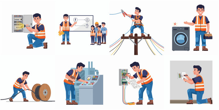 Detailed Cartoon Style Electrician Character Set of Various Working Scenarios