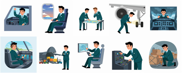 Cartoon Style Detailed Airplane Pilot in Various Poses and Scenarios Illustration © Haimura