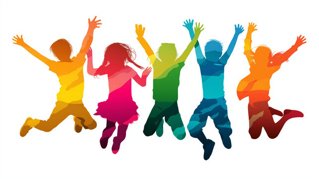 Collection of children's silhouettes in various dynamic poses jumping and dancing in flat design style, kids activity illustration concept, playful children silhouette art, with