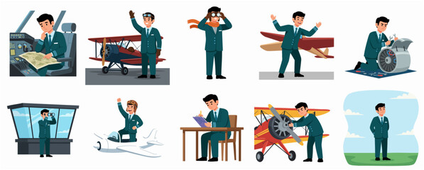 Set of Flat Illustration Airplane Pilot in Various Activities and Poses © Haimura