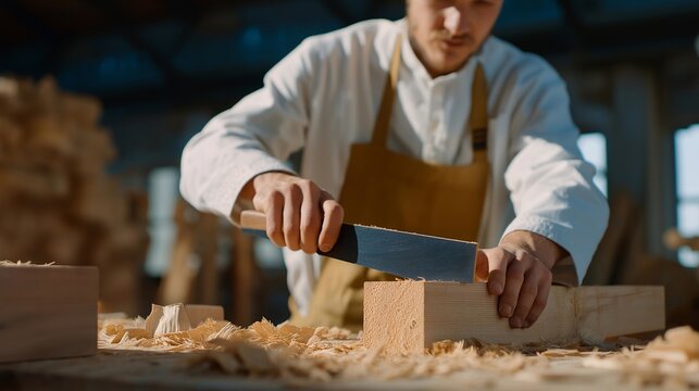 Custom furniture manufacturer using hand scraper to achieve perfect surface finish on solid wood, perfect for artisan furniture manufacturing, wood finishing craft, bespoke production, modern