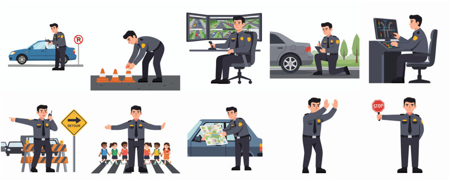 Flat Design Police Officer Character Doing Various Activities Illustration Set