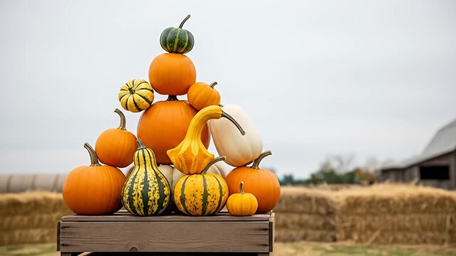 A vibrant autumn display of pumpkins and gourds stacked in a pyramid shape on a rustic wooden crate, set against a rural backdrop with hay bales and a barn under an overcast sky.