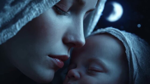 Mary and baby Jesus in her arms.  The Life of Jesus Christ. The childhood of Jesus.