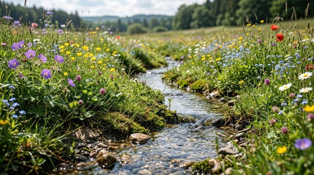 Small stream flowing gently through vibrant summer wildflower meadow with various colorful blossoms lush green grass, for natural beauty, peace, ecological harmony