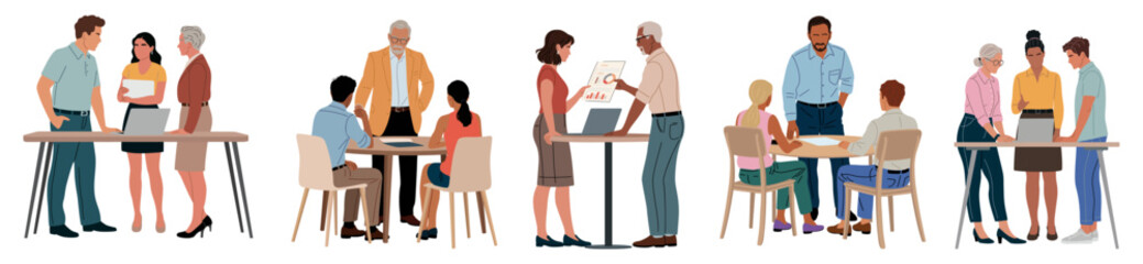 Plakat Diverse business team in mentoring and staff training sessions, discussing reports and learning together. Corporate education, professional development and teamwork concept, full body illustration.