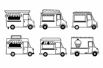 A set of six black and white line art illustrations of food trucks in different views and designs