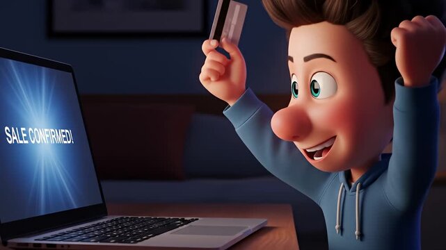 Happy cartoon character celebrating online purchase with credit card.
