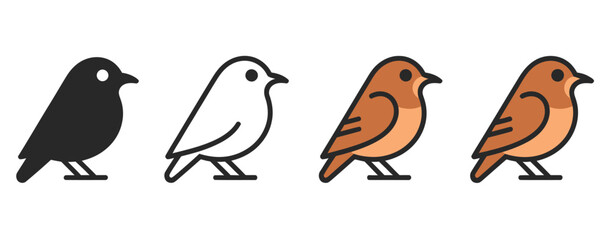 Nightingale Bird Vector Icon Set, Same Pose and Proportions in Four Styles: Black Solid, Glyph Outline, Minimal Flat, and Multicolor Filled Cartoon Flat Shaded.