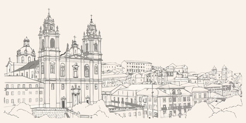 Sketch of a baroque cathedral overlooking a densely populated cityscape © Bivuti