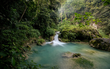 Obraz premium small cascade, tuquoise creek in the lush jungle, Kawasan falls, Badian, Cebu, the Philippines