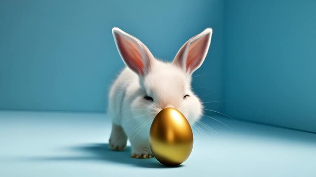 Fluffy white rabbit exploring and touching a shiny golden egg on a blue surface, representing Easter symbol and spring celebration