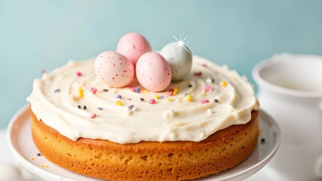 Easter cake with frosting and decorative eggs on a stand in a festive setup with a pitcher and flowers.