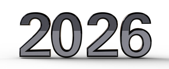 Bold 3D illustration of the year 2026 in metallic gray. Perfect for new year greetings and future-focused content. © vegefox.com