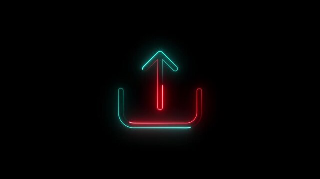 A futuristic neon upload icon featuring vibrant teal and red glowing lines on a black background, symbolizing digital data transfer and modern cloud technology.