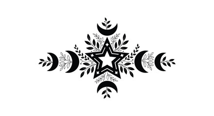 An ornate symmetrical design featuring celestial phases botanical elements and a prominent star a striking silhouette high quality © Ajahar