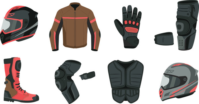 Motorcycle safety gear and protective equipment set, helmet jacket gloves boots knee pads and body armor